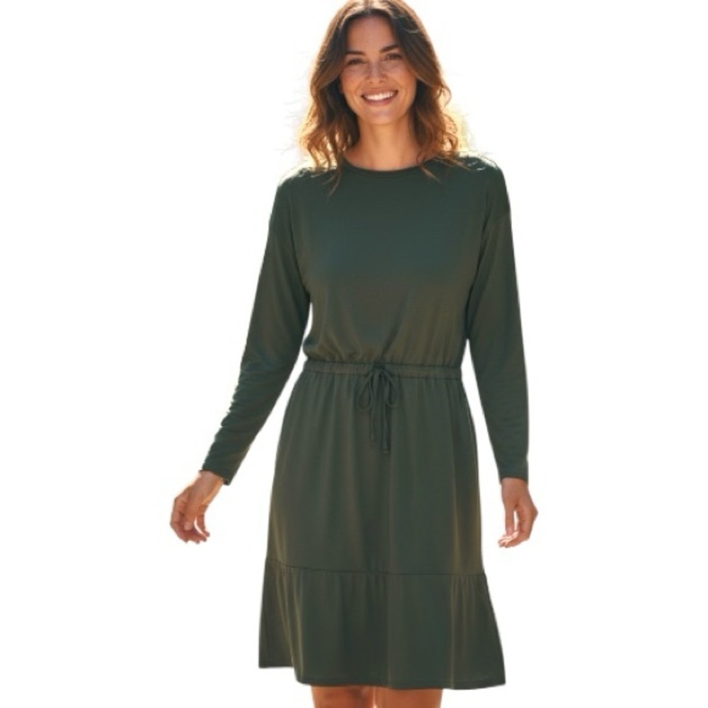 Green Long Sleeve Dress Modal Cotton  Sz L Pocket Ruffle Hem Minimalist